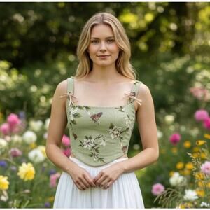 Tic Toc Green Butterfly Floral Tapestry Corset Tank Top Women’s Size Small